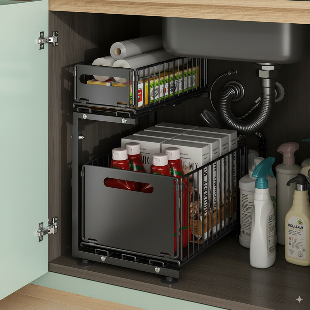 2-Tier Pull Out Under Sink Organizer - The Perfect Solution for Efficient Kitchen Storage!